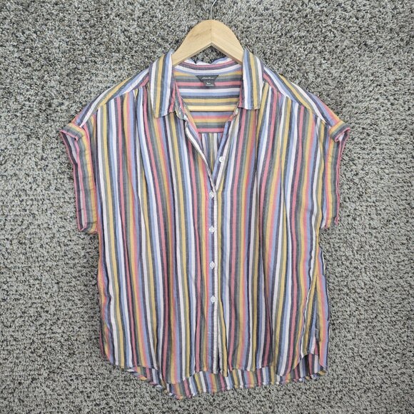 Eddie Bauer Top Womens Medium Blue Striped Button Up Cap Sleeve Lightweight - Picture 1 of 7
